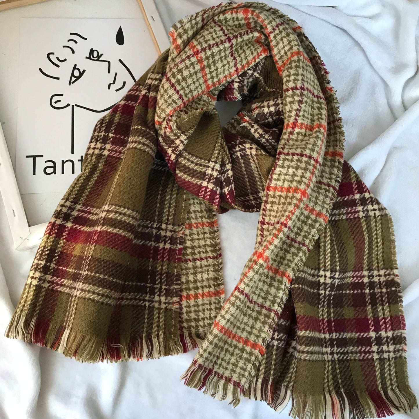 Retro Englon Plaid Tassel Scarf Women's Autumn And Winter Double-sided Cashmere Scarf