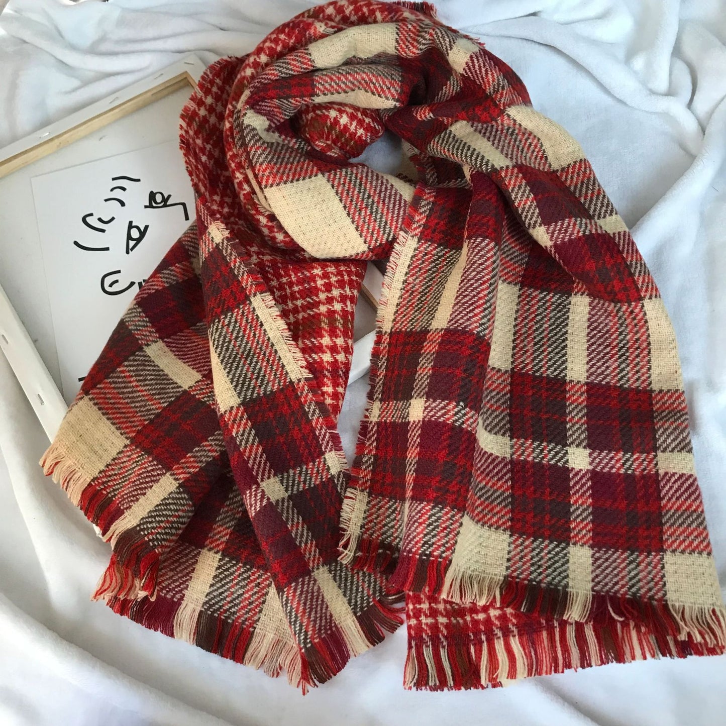 Retro Englon Plaid Tassel Scarf Women's Autumn And Winter Double-sided Cashmere Scarf