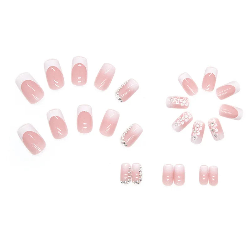 24 PCs Short French Simple Flower Pile Drill Nails with 1 Jelly Glue and 1 Nail File