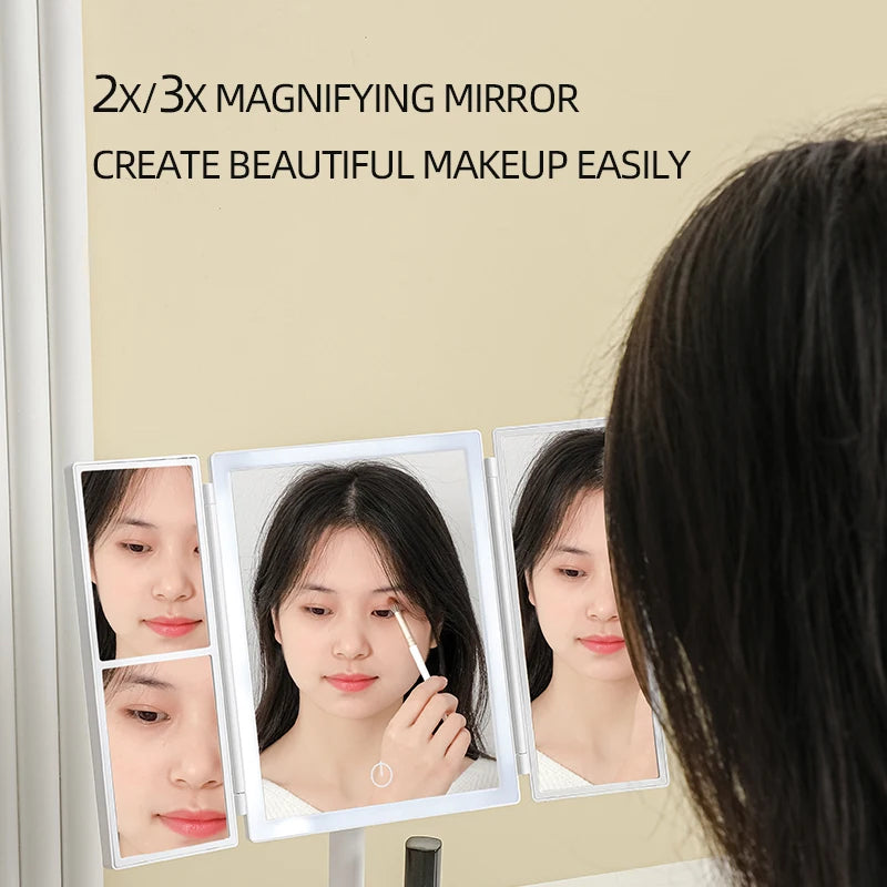 Foldable Makeup Mirror with LED Light 3 Tone Lights Desktop