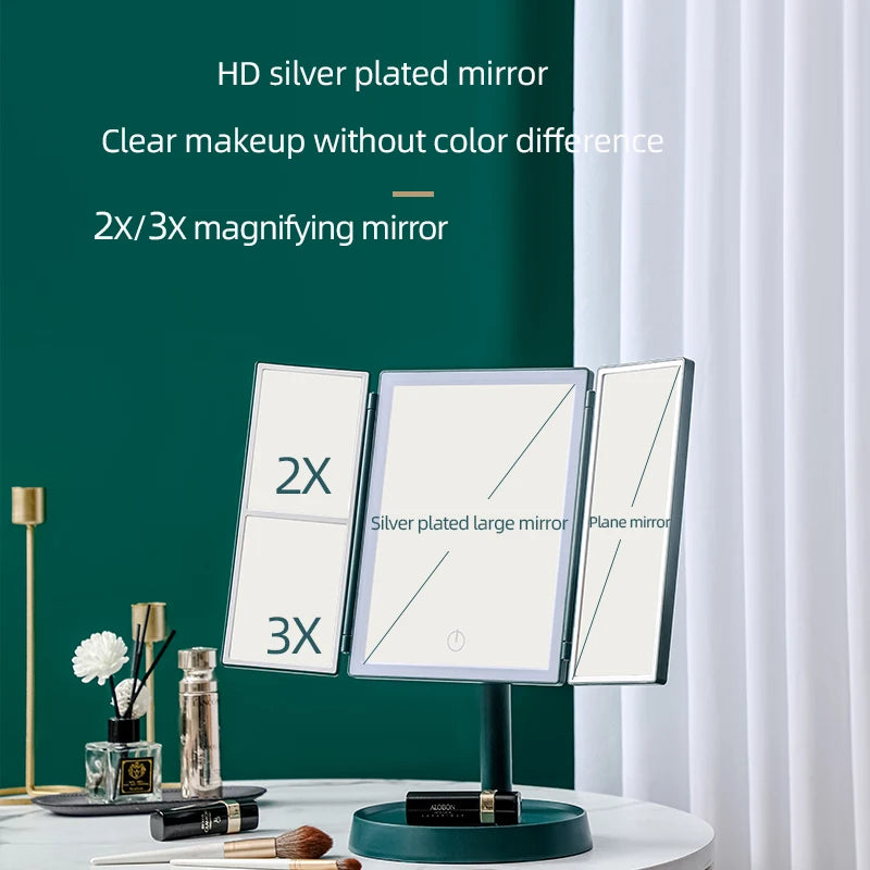 Foldable Makeup Mirror with LED Light 3 Tone Lights Desktop