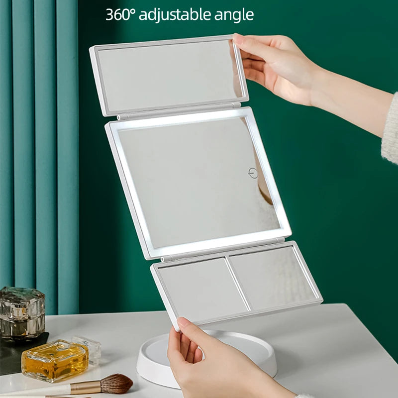 Foldable Makeup Mirror with LED Light 3 Tone Lights Desktop