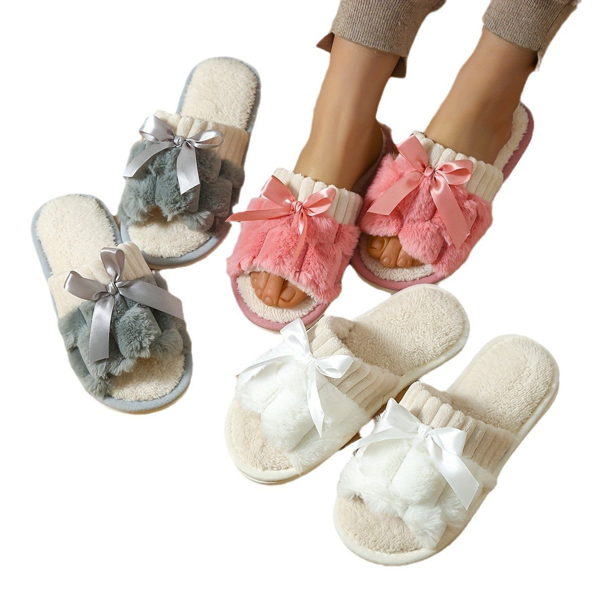 New Bow Plush Slippers Indoor