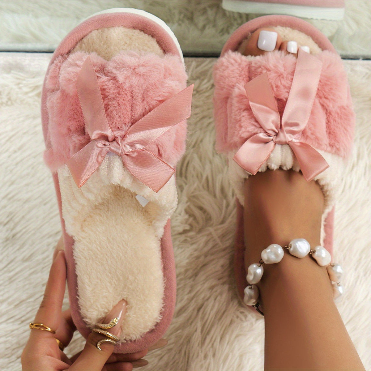 New Bow Plush Slippers Indoor