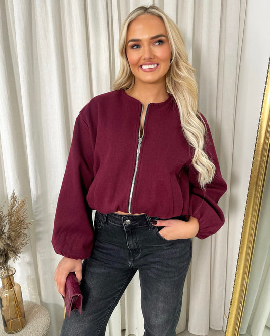 Cropped Zip Up Balloon Sleeve Bomber Jacket